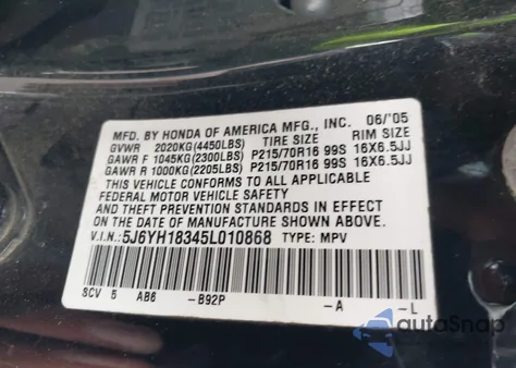 2005 Honda Element Lx z USA, uszkodzony, nr VIN 5J6YH18345L010868